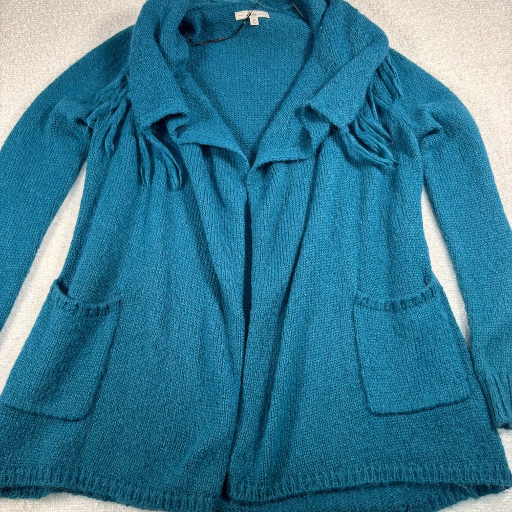 bass blue knit scarf cardigan fringe open front boho chic quiet luxury shawl - Picture 3 of 8